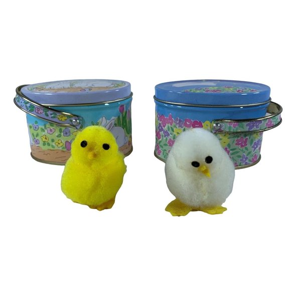 Vintage 2 Russ Berrie Easter Tins and 2 Dakin PomPom Chicks Bunny Handles 1980's - Picture 2 of 11